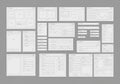 Collection of wireframe designs displayed on a gray background. Each frame represents a different Royalty Free Stock Photo