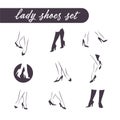 Collection of woman legs in shoes and boots heels isolated on white background. Vector flat minimalistic lady style illustration.