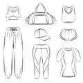 Collection of woman sportswear, casual modern clothing for active woman