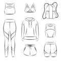 Collection of woman sportswear, casual modern clothing for active woman