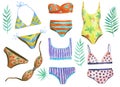 Collection of woman swimwear, swimsuits and bikini. Watercolor hand painted illustration. Royalty Free Stock Photo