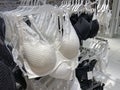 Collection of woman underwear on a rack, stylish panties and bra, modern set in store
