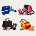 Collection of women luxury bags classic shoes and modern accessories isolated illustration
