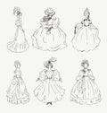 Collection of women sketches in retro clothes. Ladies in vintage dresses Royalty Free Stock Photo