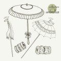Collection womens old umbrellas. Vector illustration sketch on paper background