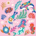 Collection of wonderful whimsical ocean creatures. Yogurt palette. Vector illustration Royalty Free Stock Photo