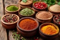 A collection of wooden bowls displaying an assortment of different types of aromatic spices, A colorful display of various Indian Royalty Free Stock Photo