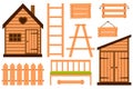 Collection of wooden garden accessories. Fence, boxes, ladder, shed, bench.Gardening, garden furniture.Design elements in a