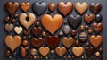 A collection of wooden hearts of various sizes and wood grains, arranged in an artful composition