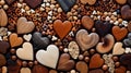 A collection of wooden hearts of various sizes and wood grains, arranged in an artful composition