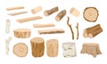 Collection of wooden logs, tree branches, lumbers, timber sawn into rough planks isolated on white background. Set of