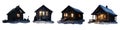 collection of 4 wooden night cabins with lit windows. snow covered roof. isolated transparent PNG. Wooden Cottage, Chalet