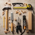 A collection of woodworking tools arranged on a wooden surface includes a hammer, Royalty Free Stock Photo