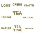 Collection of words spelled out in herbs and tea leaves