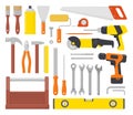 Collection of working tools. Repair and construction tools icon set. Hammer, pliers, chisel, file, screwdriver, brush, spatula,