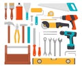 Collection of working tools. Repair and construction tools icon set. Hammer, pliers, chisel, file, screwdriver, brush, spatula,