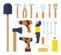 Collection of working tools. Repair and construction tools icon set. Hammer, pliers, chisel, file, screwdriver, shovel, axe, Royalty Free Stock Photo