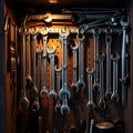 A collection of wrenches hanging in a well organized toolbox with soft lighting creating a warm inviting atmosphere