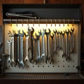 A collection of wrenches hanging in a well organized toolbox with soft lighting creating a warm inviting atmosphere