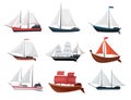 Collection of yachts, sailboats or sailing ships. Cruise travel company icons design. Vector old vessels