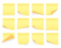 Collection of yellow colored sheets of note papers with curled corner and shadow, ready for your message. Realistic. Isolated on Royalty Free Stock Photo