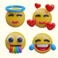 Collection with yellow emojis. Emoticons with nimbus, face with flying hearts, yawning with rainbow