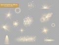 Set yellow light effects, spotlights, flare, stars Royalty Free Stock Photo