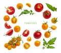 Collection of yellow red tomatoes with green leaves isolated on white background. Fresh ripe Cherry tomatoes. Whole vegetables and Royalty Free Stock Photo