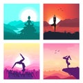 Collection Yoga meditation, sports, gymnastics, fitness relaxation. Vector illustration of yoga poses in nature