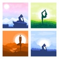 Collection Yoga meditation, sports, gymnastics, fitness relaxation. Vector illustration of yoga poses in nature