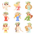 Collection of Young Beautiful Women with Flower Wreaths, Portraits of Happy Elegant Girls with Floral Wreaths Vector