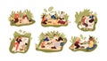 Collection of young and elderly people at picnic. Bundle of happy men, women and children eating meals outdoors. Set of