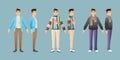 Collection of Young man in different fashionable style clothes standing set front side business office casual Vector illustration