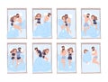 Collection of young man and woman sleeping on bed in various poses. Bundle of cute couple lying in different postures