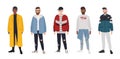 Collection of young men dressed in fashionable clothes isolated on white background. Set of guys wearing trendy apparel Royalty Free Stock Photo