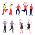Collection of Young People in Casual Clothing with Various Emotions, Boys and Girls with Signs over Their Heads Vector