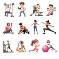 Collection of young people exercising in the Gym, isolated on white background, cartoon style