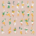 Collection with young women in casual clothes dancing with alphabet letters. English alphabet sequence. Abc set in green, yellow