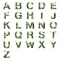 Collection of A-Z alphabet letter double exposure with dark green leaves isolated on white background,clipping path