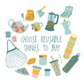 Collection of Zero Waste reusable items or products - string bag, clothes small bags, metal strow, stainless bottle, coffee cup,