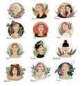 Collection of zodiac signs as fashionable woman. Female astrological horoscope set illustration Royalty Free Stock Photo