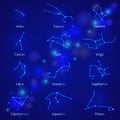 collection of zodiac signs, constellations horoscope symbols shining on dark blue background Royalty Free Stock Photo