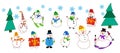 Collections icons of different snowmen. Snowman with a gift,