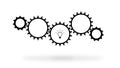 Collective idea concept. Cogwheels mechanism turning over white background while a bulb lighting up inside one of the Royalty Free Stock Photo