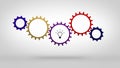 Collective idea concept. Colorful cogwheels mechanism turning over white background while a bulb lighting up inside one