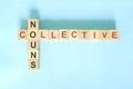 Collective nouns concept in English grammar noun education. Wooden block crossword puzzle flat lay in blue background.