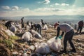 collective responsibility in waste management community cleanup, with beach backdrop.