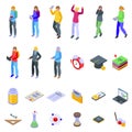 College admission icons set isometric vector. University education