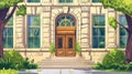 College campus entrance with wooden doors, stone stairs, glass windows, green plants in front yard, cartoon illustration Royalty Free Stock Photo