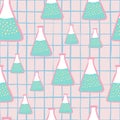 College chemical seamless random pattern with blue medicine flask ornament. Light pink chequered background Royalty Free Stock Photo